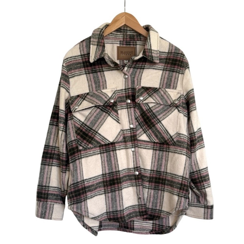 BLANK NYC Plaid Shacket Button Down Jacket Sweater 
Cream Pink Black M